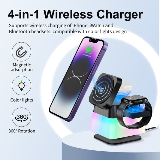4-in-1 Rotatable Wireless Charger Stand for iPhone - Colorful Lighting, Magnetic Fast Charging